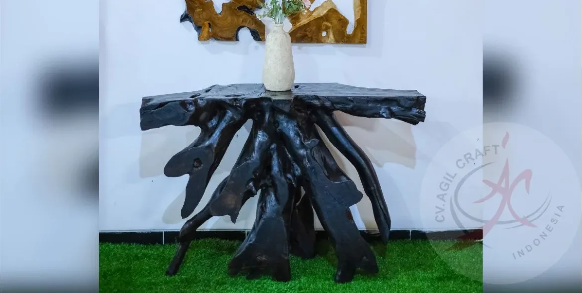 Natural black finish on a teak root console table