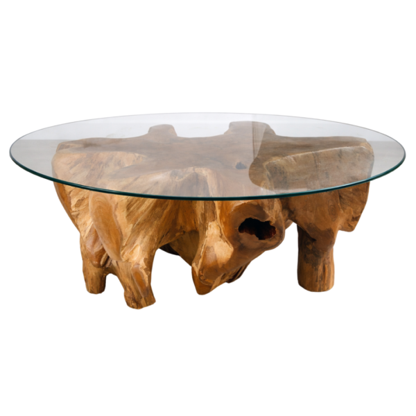 Coffee table round teak root with glass