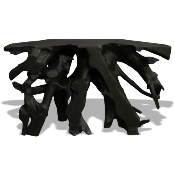 Teak Root Console Table With Carving Finishing Black Natural Tone.