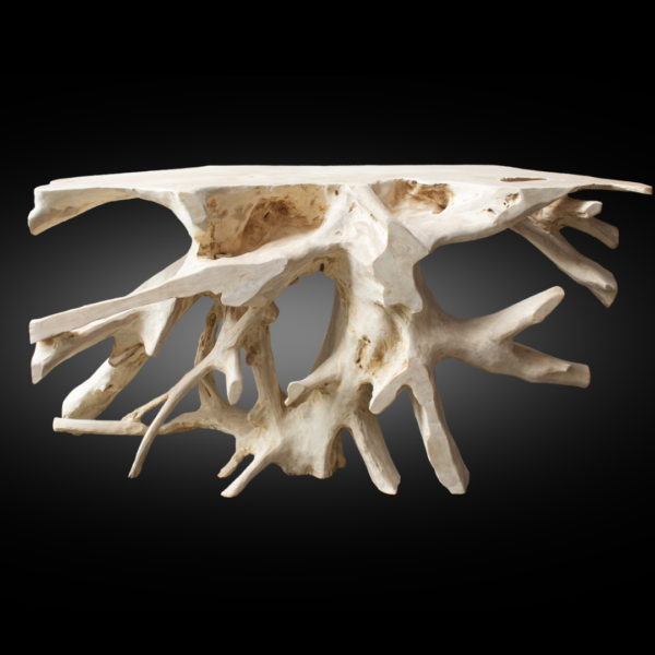 Teak Root Console Table With Carving Finishing White Natural Tone.