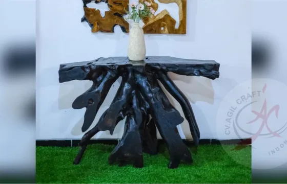 Natural black finish on a teak root console table