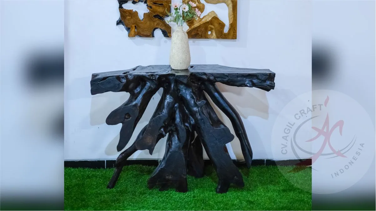 Natural black finish on a teak root console table